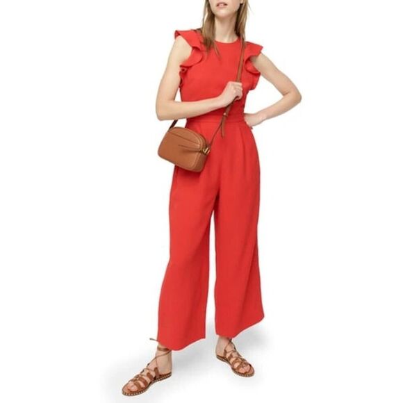 New J. Crew Bright‎ Cerise Red Ruffle Crape Jumpsuit Size 0 - Picture 1 of 13